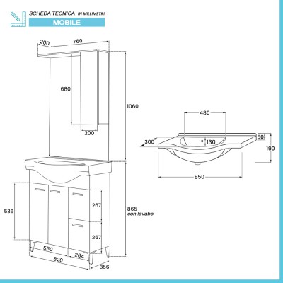 Scheda tecnica Mobile bagno a terra 85 cm rovere dolomite con pensile su specchio LED Desya