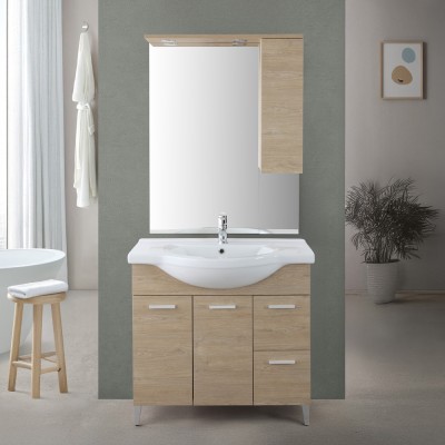 Mobile bagno a terra 85 cm rovere dolomite con pensile su specchio LED Desya