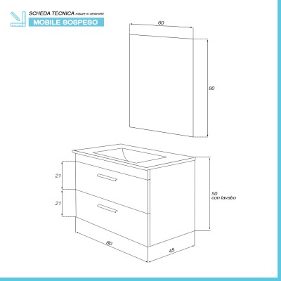 Scheda tecnica Mobile bagno sospeso 80 cm rovere dolomite con 2 cassettoni soft-close Desya