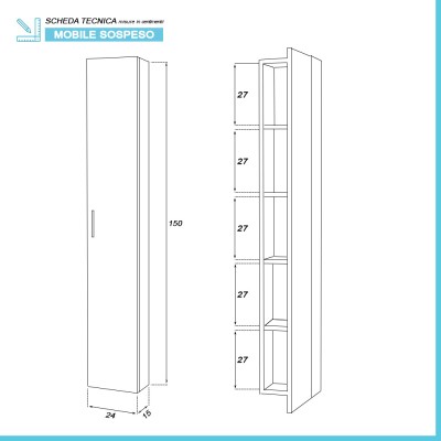Scheda tecnica Pensile bagno sospeso 150 cm rovere dolomite con anta reversibile Desya