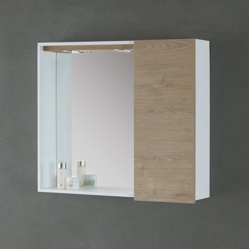 Specchio contenitore 68x61 cm dolomite con anta a destra e faretti LED Desya