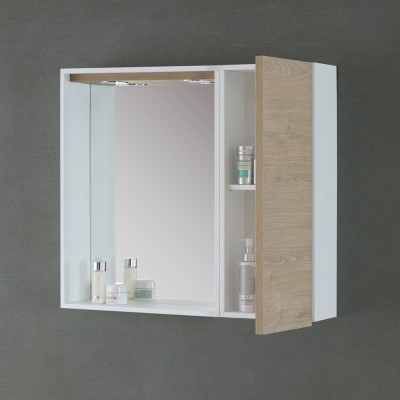Anta aperta Specchio contenitore LED 91x61 cm rovere dolomite con pensili laterali Desya