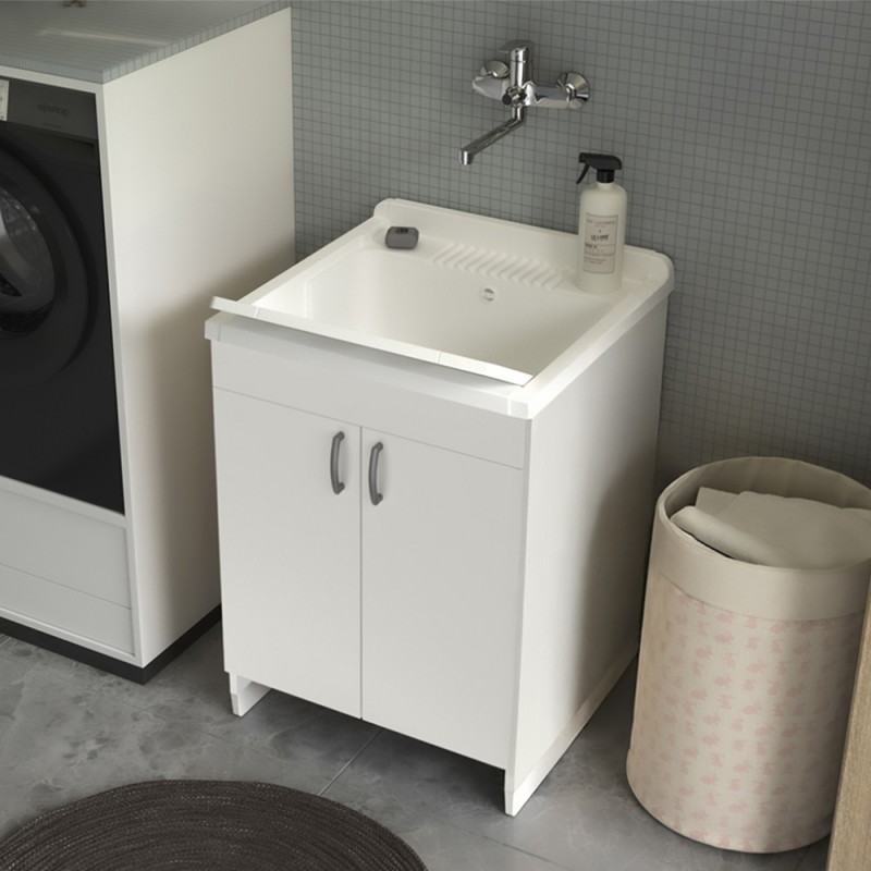 Mobile lavatoio 60x50 cm bianco in kit di montaggio con vasca e asse Ikaro