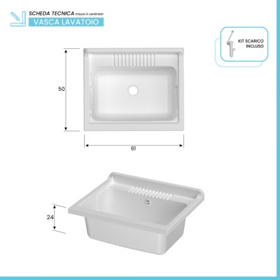 Scheda tecnica Mobile lavatoio 60x50 cm olmo in kit di montaggio con vasca e asse Ikaro