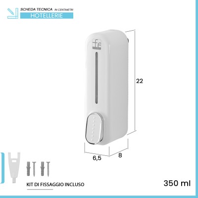 Scheda tecnica Dispenser sapone liquido a muro bianco da 350 ml con fissaggi inclusi