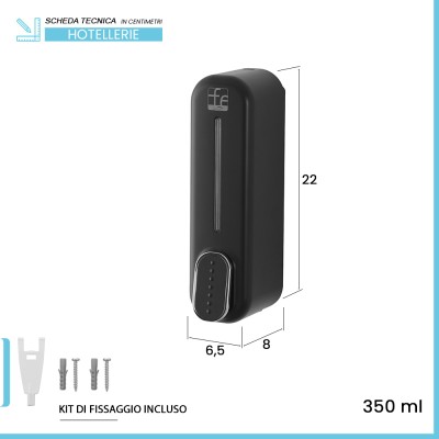 Scheda tecnica Dispenser sapone liquido a muro nero da 350 ml con fissaggi inclusi