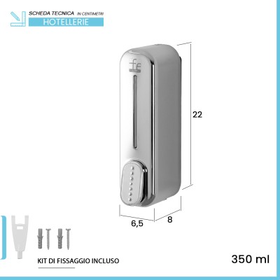 Scheda tecnica Dispenser sapone liquido a muro cromo da 350 ml con fissaggi inclusi