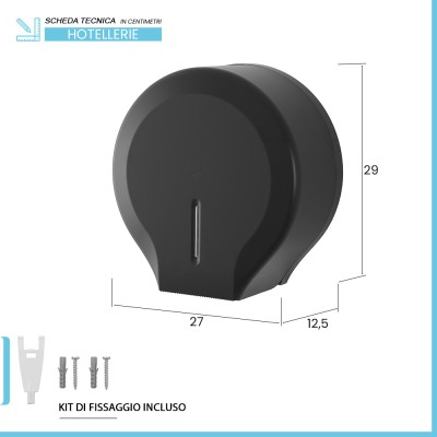 Scheda tecnica Distributore di carta igienica a rotoli fino a 300 mt in ABS nero