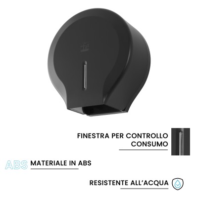 Caratteristiche Distributore di carta igienica a rotoli fino a 300 mt in ABS nero