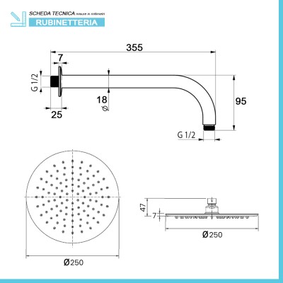scheda tecnica Set doccia con miscelatore Erika nero opaco braccio e soffione 25 cm