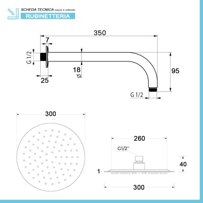 Scheda Tecnica Set doccia con miscelatore Erika nero opaco braccio e soffione 30 cm