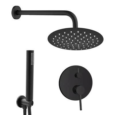 Set doccia York nero opaco con miscelatore, braccio 30 cm, soffione 25cm e kit con doccino, flessibile e presa acqua