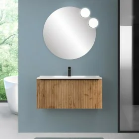 Mobile bagno sospeso 100 cm rovere africa cannettato con cassetto, specchio e lavabo Nara