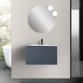 Mobile bagno sospeso 70 cm blu notte cannettato con cassetto, specchio e lavabo Nara