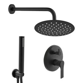 Set doccia a incasso completo nero opaco con braccio 35cm, soffione 25cm, miscelatore e kit doccino Flat