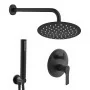 Set doccia a incasso completo nero opaco con braccio 35cm, soffione 25cm, miscelatore e kit doccino Flat