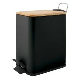 Pattumiera bagno 5 L in acciaio con coperchio in bambù nera con apertura a pedale Rexa