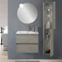 Render Colonna bagno sospesa H160 cm in legno grigio cemento con ripiani in vetro e sistema push-pull Leda