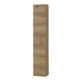 Colonna bagno sospesa H160 cm in legno color quercia naturale con ripiani in vetro e sistema push-pull Leda