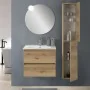 Render Colonna bagno sospesa H160 cm in legno color quercia naturale con ripiani in vetro e sistema push-pull Leda