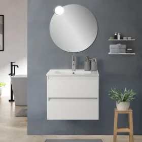 Mobile bagno sospeso 60cm in legno bianco lucido 2 cassettoni soft close con lavabo e specchio Leda