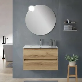 Mobile bagno sospeso 100 cm in legno color quercia naturale chiusura soft-close con lavabo e specchio inclusi Leda