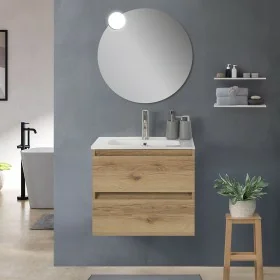 Mobile bagno sospeso 60cm in legno color quercia naturale 2 cassettoni soft close con lavabo e specchio Leda