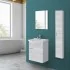 Mobiletto per bagno 56x45 cm 1 anta reversibile grigio con lavabo in ceramica e specchio da parete