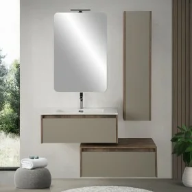 Mobile bagno sospeso 80 cm in legno tabacco e tortora con 2 cassettoni colonna lavabo e specchio Smok