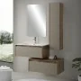 Render Mobile bagno sospeso 80 cm in legno tabacco e tortora con 2 cassettoni colonna lavabo e specchio Smok