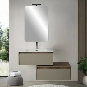 Mobile bagno sospeso 80 cm in legno tabacco e tortora con 2 cassettoni lavabo incasso e specchio Smok