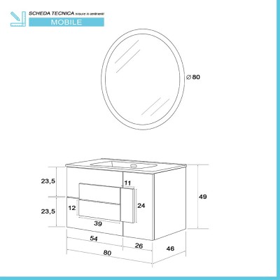 Mobile Bagno Sospeso Doppio Colore Effetto Legno 80x47 cm con Specchio Tondo