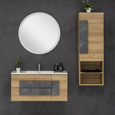 Mobile Bagno Sospeso Moderno Legno Rovere 100x47 Cm Completo Di Specchio Tondo