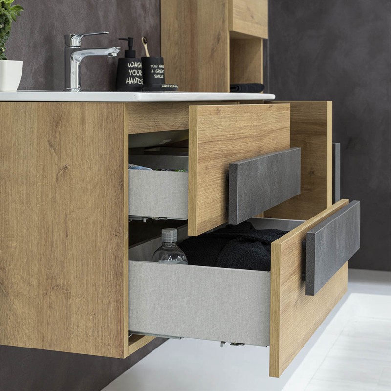 Mobile Bagno Sospeso Urban Effetto Legno 100x47 Cm Con Specchio Tondo