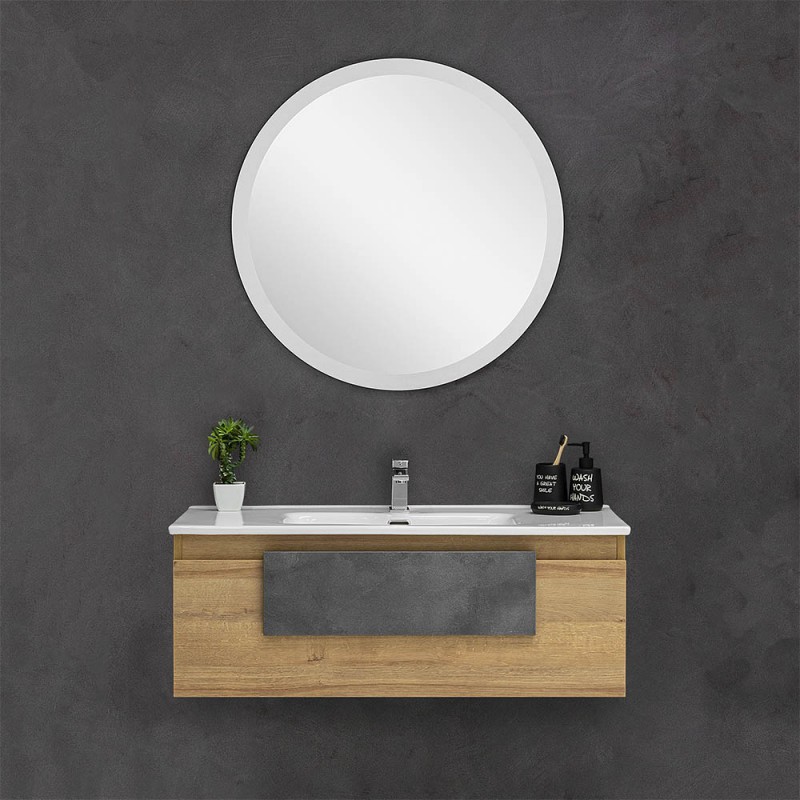 Mobile bagno di design con lavabo ad appoggio, specchio con LED e pensili,  rovere. L.135 x P.50 cm