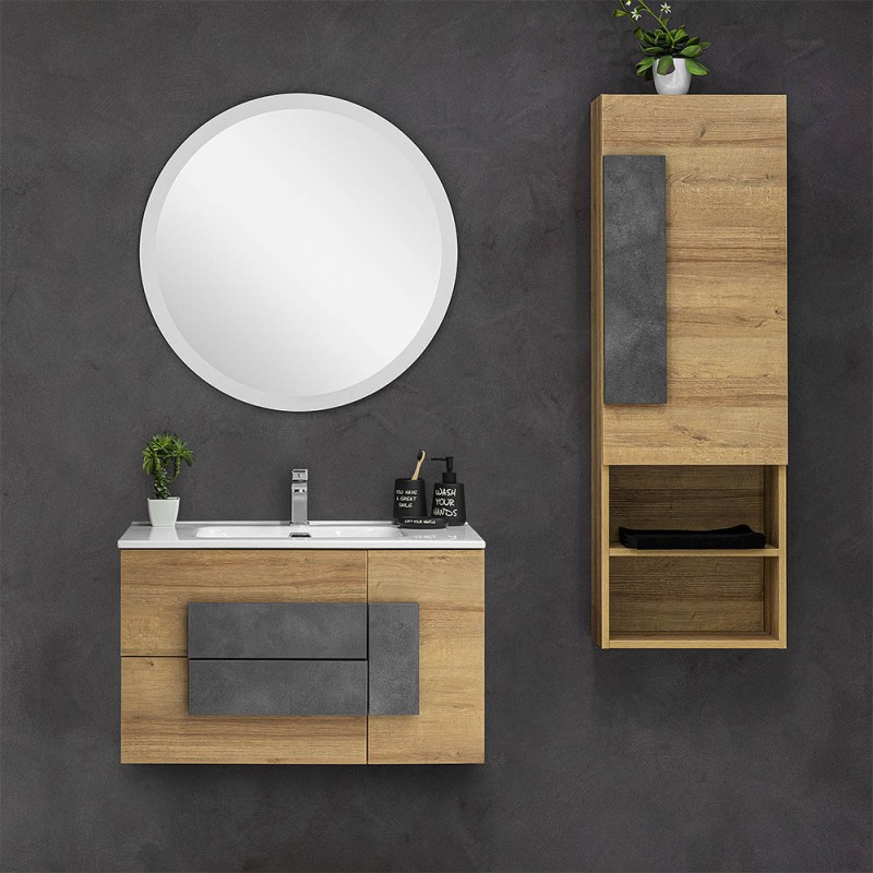 Mobile Bagno Sospeso Urban Effetto Legno 80x47 con Specchio Incluso