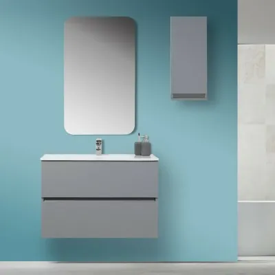 Mobile Bagno Moderno Sospeso 90x47 Grigio Pastello con Specchio Feridras - 1