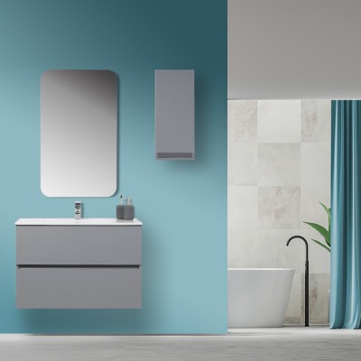 Mobile Bagno Moderno Sospeso 90x47 Grigio Pastello con Specchio Feridras - 2