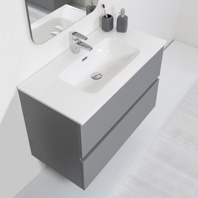 Mobile Bagno Moderno Sospeso 90x47 Grigio Pastello con Specchio Feridras - 3