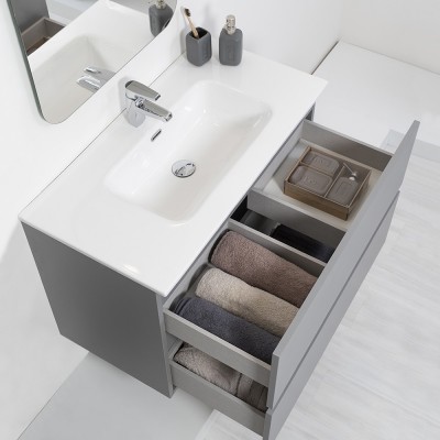 Mobile Bagno Moderno Sospeso 90x47 Grigio Pastello con Specchio Feridras - 4