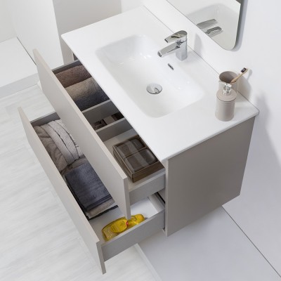 Mobile Bagno Sospeso Tortora Pastello 90x47 Arredo Moderno con Specchio Feridras - 3