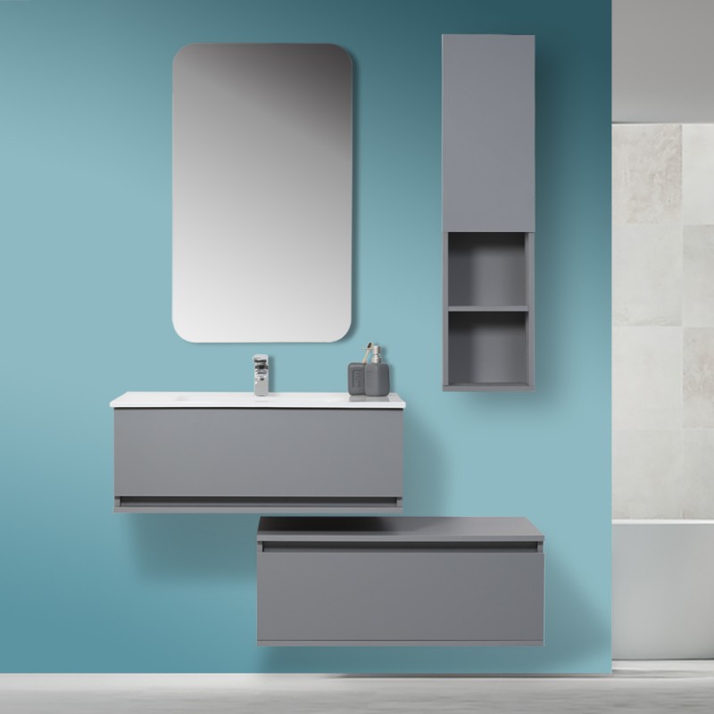 Arredo Bagno Sospeso Grigio Pastello 90x47 cm con Specchio Feridras - 1 Mobile bagno sospeso grigio pastello 90x47 cm con specchio e ceramica inclusi