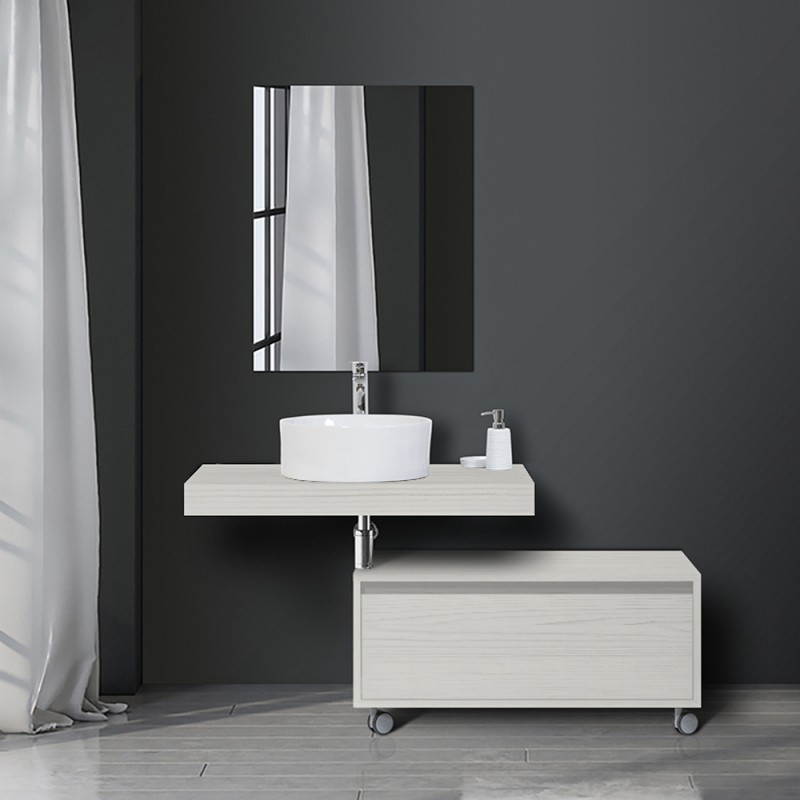 Mensola Bagno Lavabo con Ciotola 90 cm Effetto Legno Pino Bianco Mensola Bagno 90 cm pino bianco con Ciotola in ceramica bianco lucido