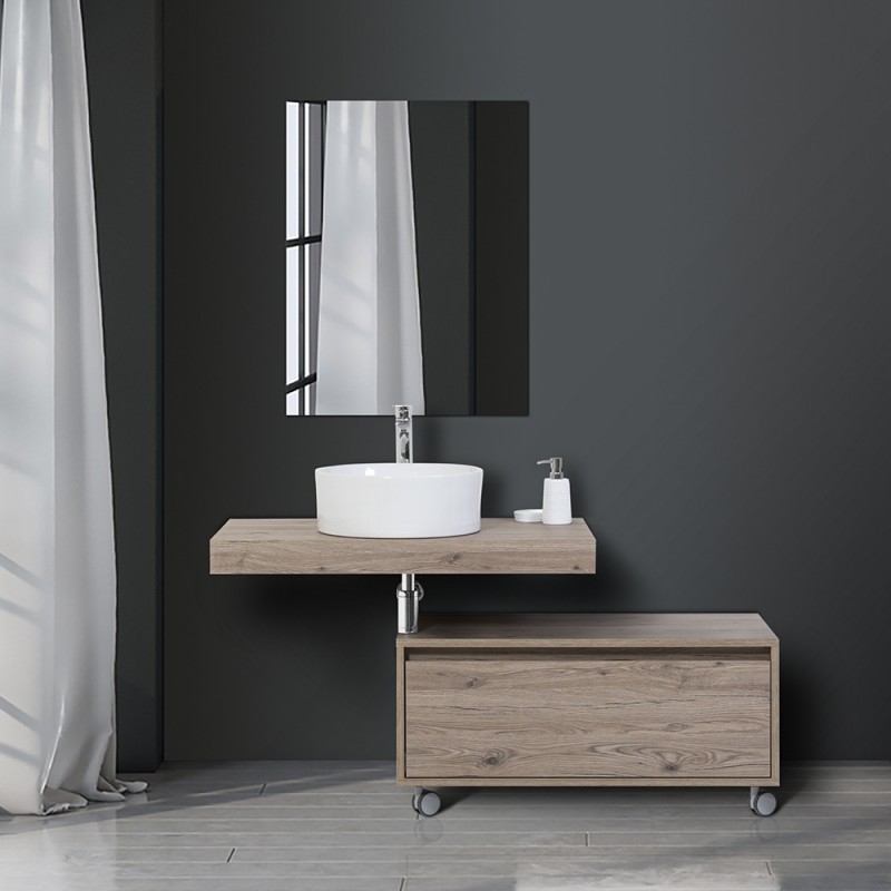 Mensola Bagno Lavabo Con Ciotola 90 Cm Colore Castagno Mensola Bagno 90 cm Castagno con Lavabo tondo in ceramica Bianco