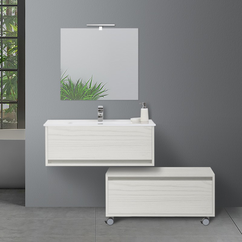 Mobile Bagno color pino bianco da 90 cm con cassettone Mobile Bagno Sospeso 90 cm Effetto Legno Bianco 1 Cassetto
