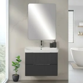 Mobile bagno sospeso 80cm antracite cannettato con cassetti specchio e lavabo Mia