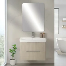 Mobile bagno sospeso 80cm beige cannettato con cassetti specchio e lavabo Mia