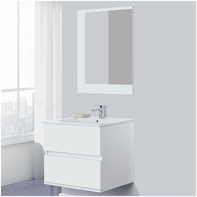 composizione bagno sospesa Composizione bagno sospesa in nobilitato melaminico colore bianco con cosnsolle in ceramica e specchio su pannello laccato
