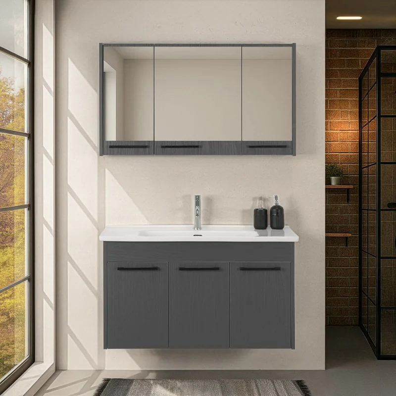 Tangkula Mobile Da Bagno A Parete Con Doppia Anta A Specchio - Armadio In Legno Con Mensola Aperta (Grigio)