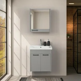 Mobile bagno sospeso 55 cm blu effetto legno con armadietto a specchio Sofia